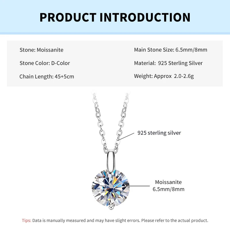 Rrjzz 1CT 2CT D VVS1 Moissanite Diamond Certified Pendant Necklace for Women Wedding 100% S925 Sterling Silver Necklace Jewelry