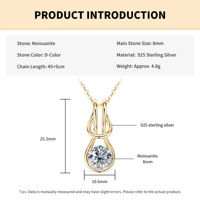 Rrjzz VVS1 Single Stone 8mm Round Moissanite Women Fashion Necklace Certificate 925 Sterling Silver Knot Women Pendant Necklace