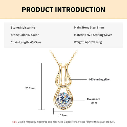Rrjzz VVS1 Single Stone 8mm Round Moissanite Women Fashion Necklace Certificate 925 Sterling Silver Knot Women Pendant Necklace