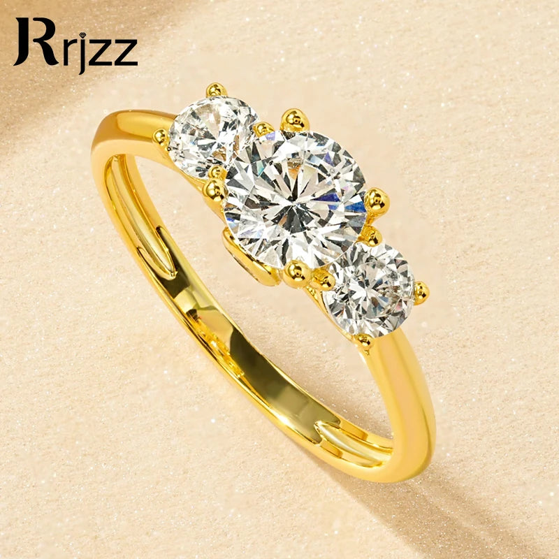 Rrjzz 14k Gold Plated Three Stone Engagement Ring Round Cut CZ Simulated Diamond Rings For Women Anniversary Fine Jewelry Gifts