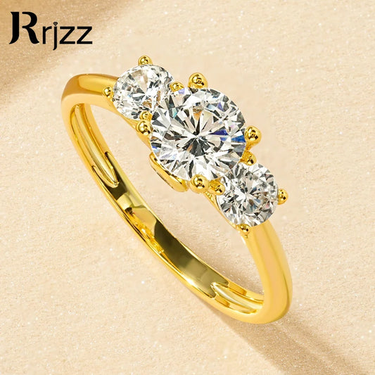 Rrjzz 14k Gold Plated Three Stone Engagement Ring Round Cut CZ Simulated Diamond Rings For Women Anniversary Fine Jewelry Gifts