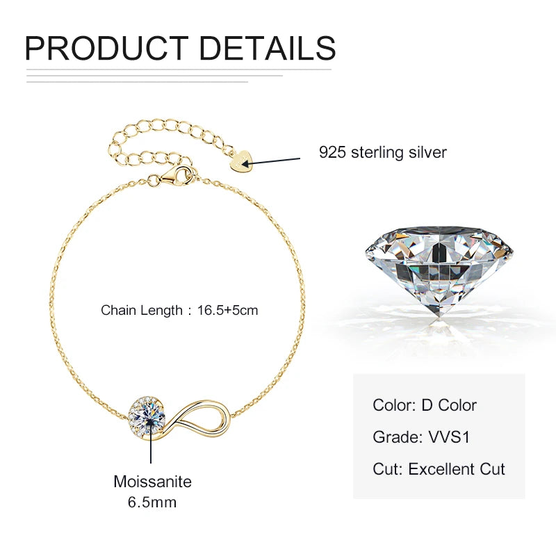 Rrjzz 925 Sterling Silver Eternity Infinity Women Bracelets 6.5mm Round Moissanite Adjustable Bracelet for Women Jewelry Gift
