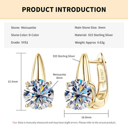 Rrjzz Fashion 8mm D-Color Moissanite Solitaire Engagement Earrings VVS1 925 Sterling Silver Exquisite Women Hoop Earring Jewelry
