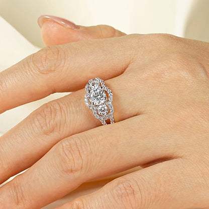 Rrjzz 14k Gold Plated Women's Rings Three Stone Halo Round Luxury CZ Simulated Diamond Engagement Ring for Woman Jewelry Gifts