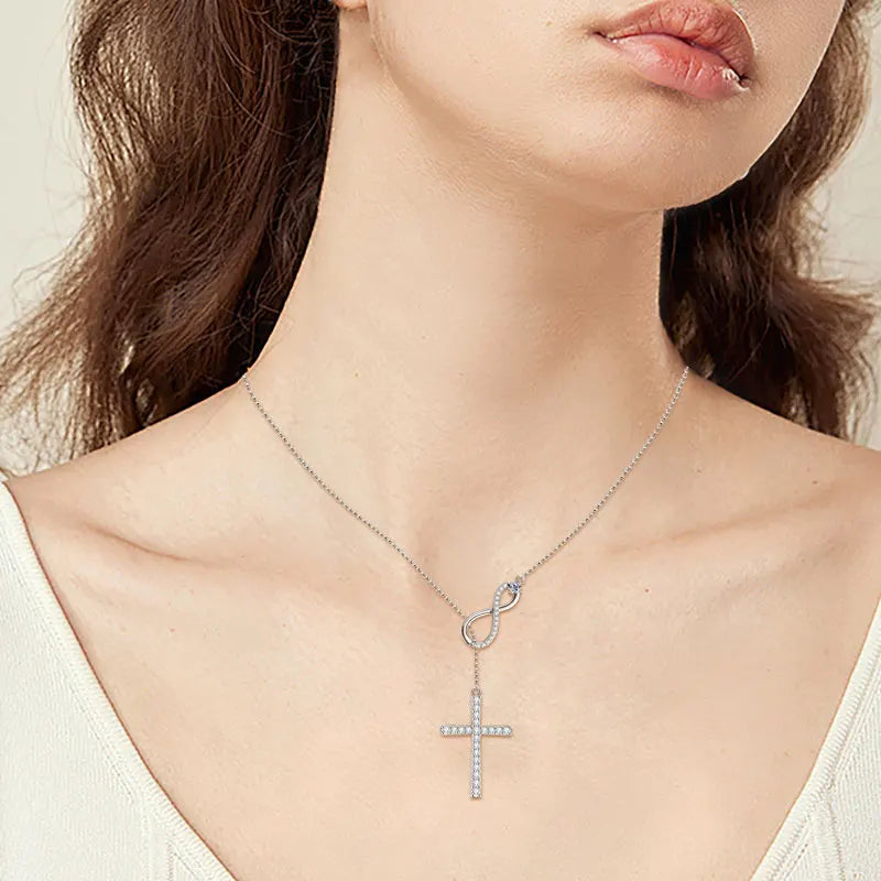 Rrjzz Moissanite Faith Hope Cross Pendant Necklace 925 Sterling Silver Infinity Love Y-Shaped Necklace for Women Fine Jewelry