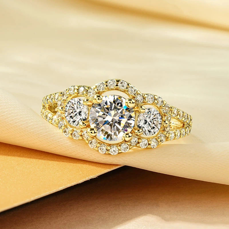Rrjzz 14k Gold Plated Women's Rings Three Stone Halo Round Luxury CZ Simulated Diamond Engagement Ring for Woman Jewelry Gifts