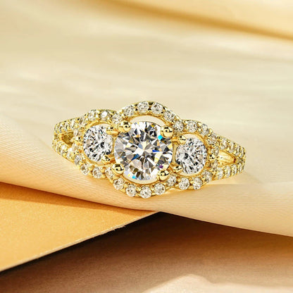 Rrjzz 14k Gold Plated Women's Rings Three Stone Halo Round Luxury CZ Simulated Diamond Engagement Ring for Woman Jewelry Gifts