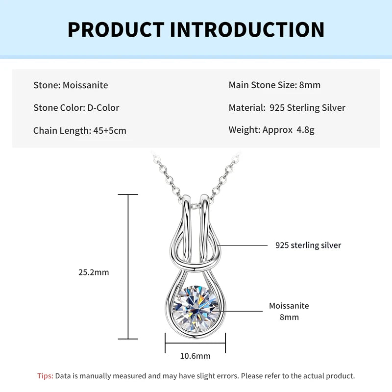 Rrjzz VVS1 Single Stone 8mm Round Moissanite Women Fashion Necklace Certificate 925 Sterling Silver Knot Women Pendant Necklace