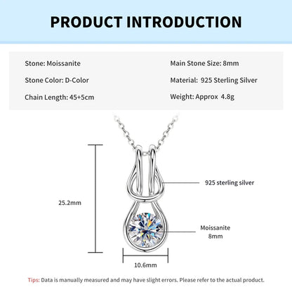 Rrjzz VVS1 Single Stone 8mm Round Moissanite Women Fashion Necklace Certificate 925 Sterling Silver Knot Women Pendant Necklace