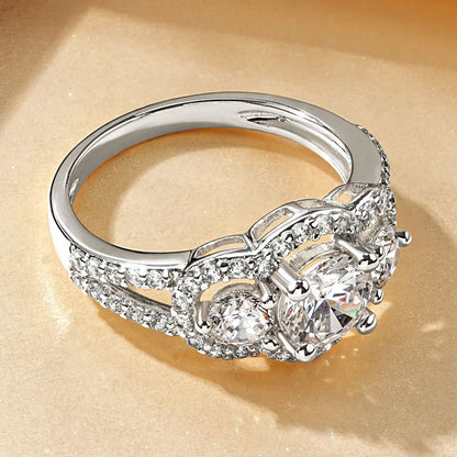 Rrjzz 14k Gold Plated Women's Rings Three Stone Halo Round Luxury CZ Simulated Diamond Engagement Ring for Woman Jewelry Gifts