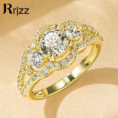 Rrjzz 14k Gold Plated Women's Rings Three Stone Halo Round Luxury CZ Simulated Diamond Engagement Ring for Woman Jewelry Gifts