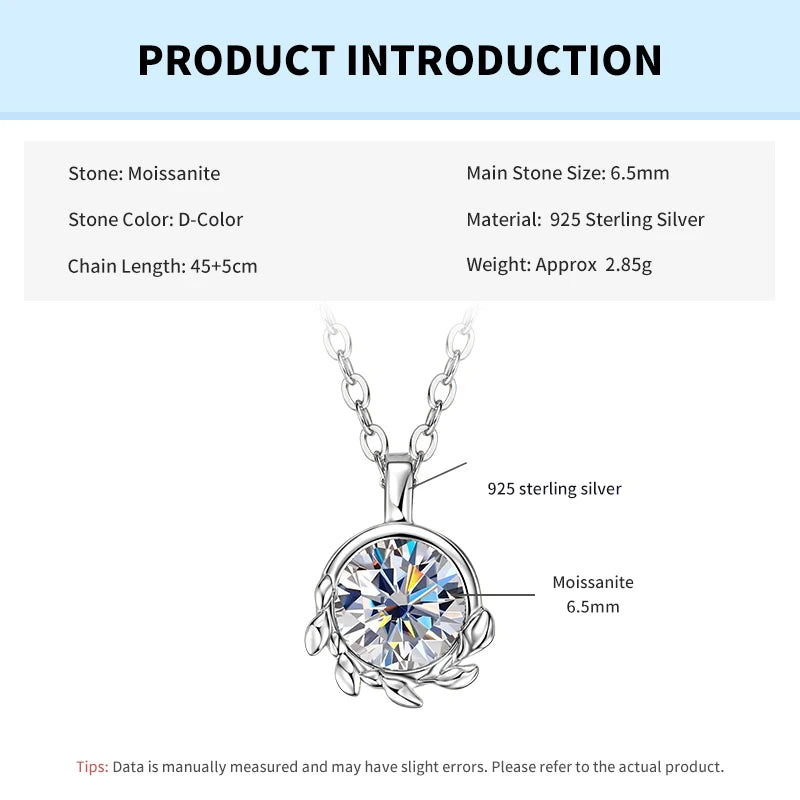 Rrjzz 925 Sterling Silver Exquisite Olive Leaf Pendant Necklace D 6.5mm Round Moissanite Solitaire Women Necklace Jewelry Gift