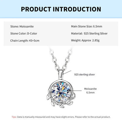 Rrjzz 925 Sterling Silver Exquisite Olive Leaf Pendant Necklace D 6.5mm Round Moissanite Solitaire Women Necklace Jewelry Gift