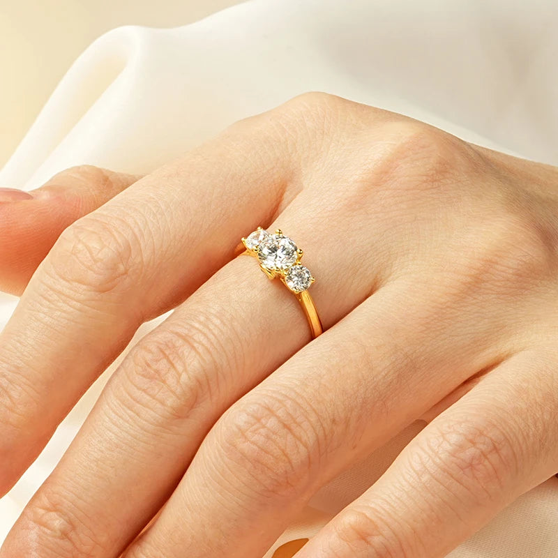 Rrjzz 14k Gold Plated Three Stone Engagement Ring Round Cut CZ Simulated Diamond Rings For Women Anniversary Fine Jewelry Gifts