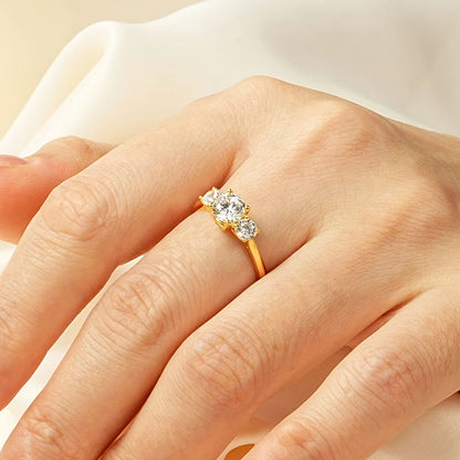 Rrjzz 14k Gold Plated Three Stone Engagement Ring Round Cut CZ Simulated Diamond Rings For Women Anniversary Fine Jewelry Gifts