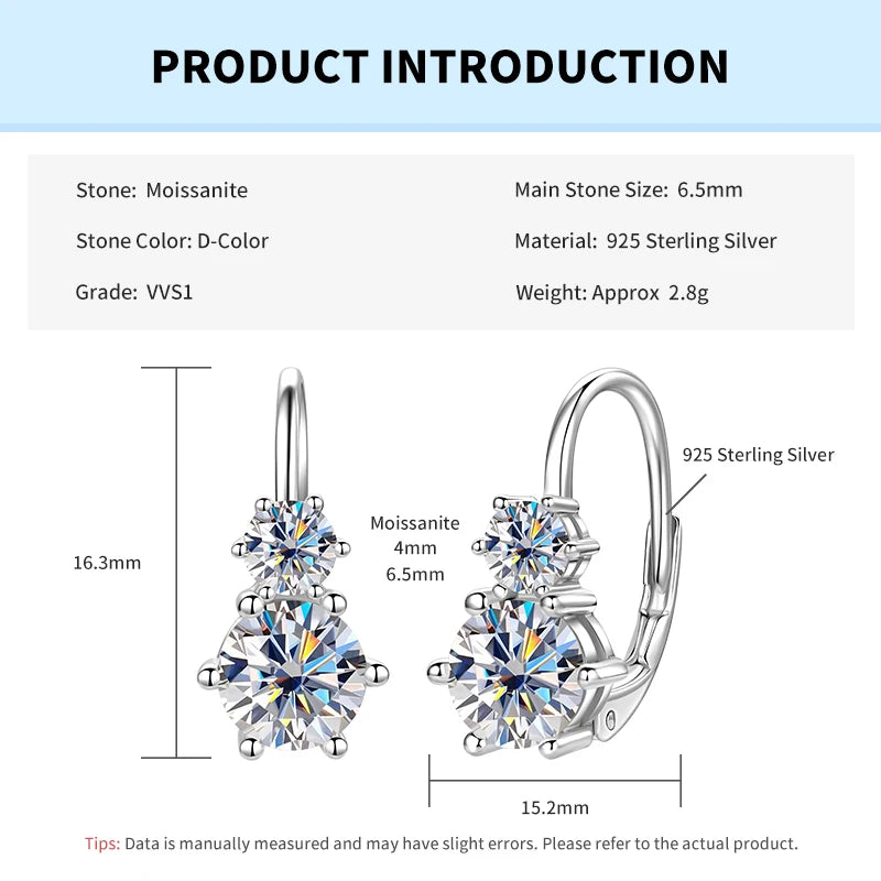 Rrjzz 925 Sterling Silver Six Claws Two Stone Hoop Earrings Light Luxury Round Moissanite Clip Earring for Women Fine Jewelry