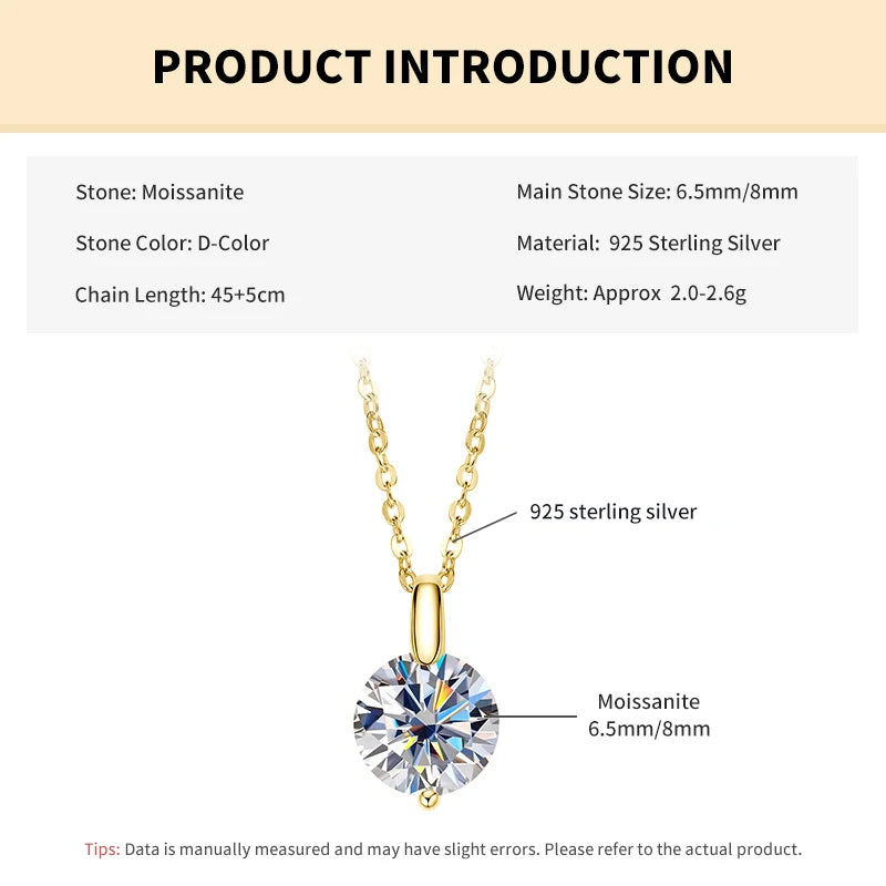 Rrjzz 1CT 2CT D VVS1 Moissanite Diamond Certified Pendant Necklace for Women Wedding 100% S925 Sterling Silver Necklace Jewelry