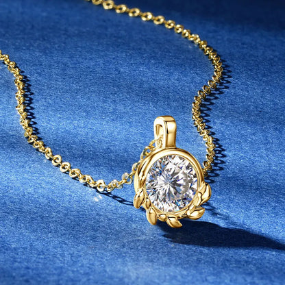 Rrjzz 925 Sterling Silver Exquisite Olive Leaf Pendant Necklace D 6.5mm Round Moissanite Solitaire Women Necklace Jewelry Gift