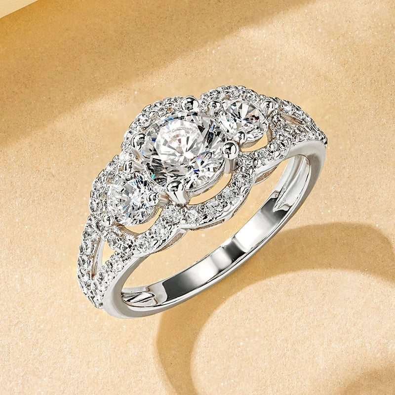 Rrjzz 14k Gold Plated Women's Rings Three Stone Halo Round Luxury CZ Simulated Diamond Engagement Ring for Woman Jewelry Gifts