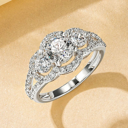 Rrjzz 14k Gold Plated Women's Rings Three Stone Halo Round Luxury CZ Simulated Diamond Engagement Ring for Woman Jewelry Gifts