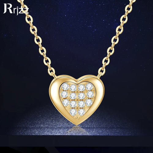 Rrjzz Full Moissanite Heart Shaped Pendant Necklace for Women with Certificate 14k Plated 925 Sterling Silver Chain Jewelry Gift