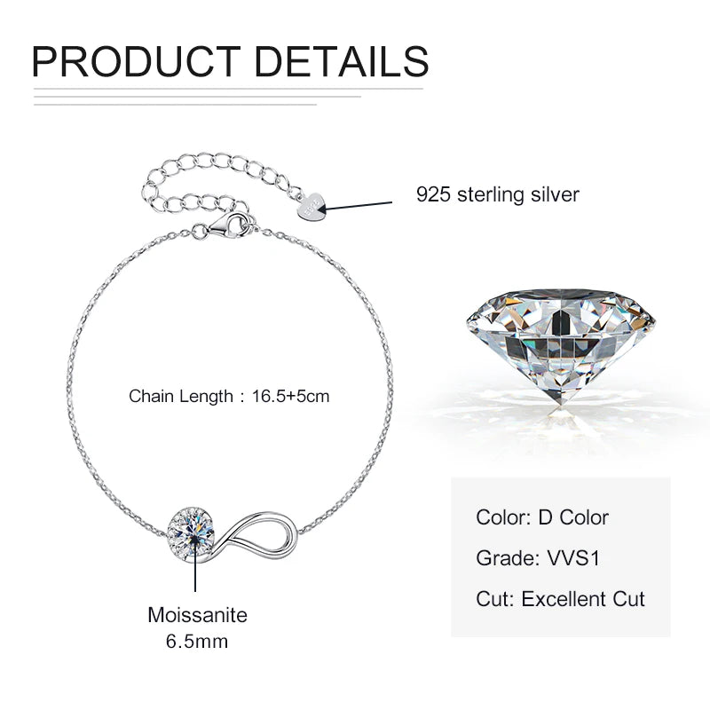 Rrjzz 925 Sterling Silver Eternity Infinity Women Bracelets 6.5mm Round Moissanite Adjustable Bracelet for Women Jewelry Gift