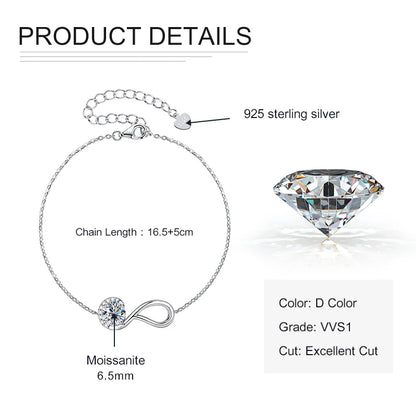 Rrjzz 925 Sterling Silver Eternity Infinity Women Bracelets 6.5mm Round Moissanite Adjustable Bracelet for Women Jewelry Gift