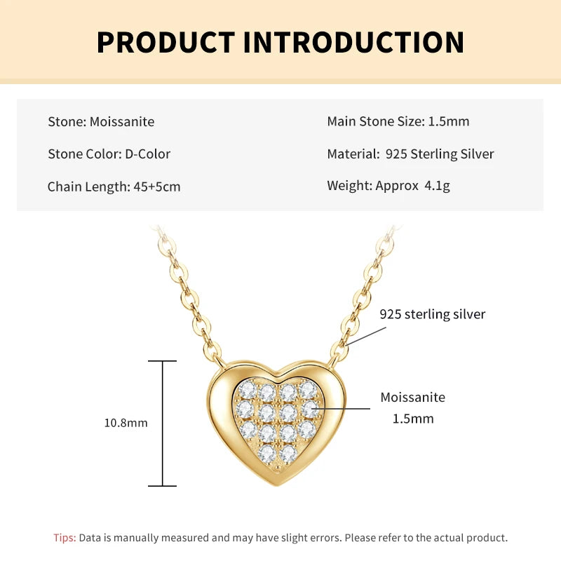 Rrjzz Full Moissanite Heart Shaped Pendant Necklace for Women with Certificate 14k Plated 925 Sterling Silver Chain Jewelry Gift