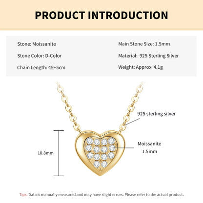 Rrjzz Full Moissanite Heart Shaped Pendant Necklace for Women with Certificate 14k Plated 925 Sterling Silver Chain Jewelry Gift