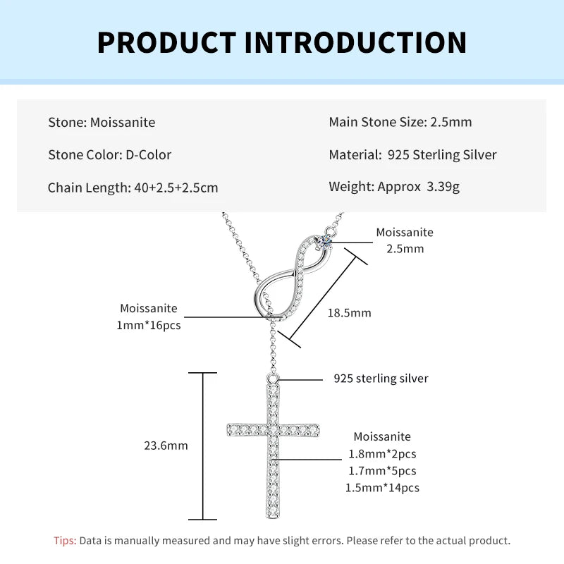 Rrjzz Moissanite Faith Hope Cross Pendant Necklace 925 Sterling Silver Infinity Love Y-Shaped Necklace for Women Fine Jewelry