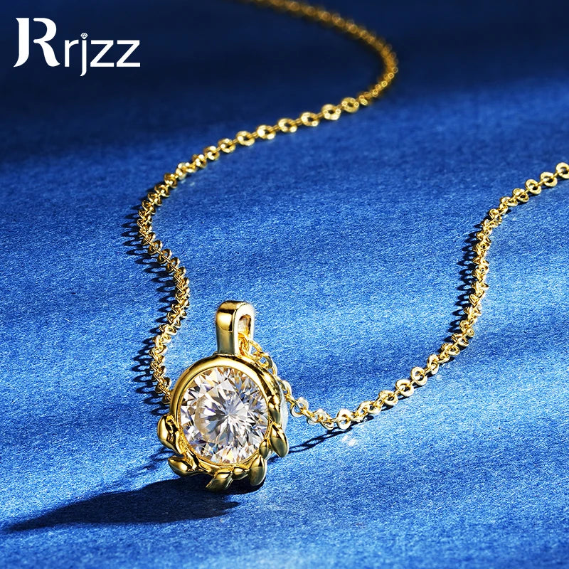 Rrjzz 925 Sterling Silver Exquisite Olive Leaf Pendant Necklace D 6.5mm Round Moissanite Solitaire Women Necklace Jewelry Gift