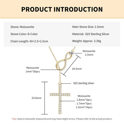 Rrjzz Moissanite Faith Hope Cross Pendant Necklace 925 Sterling Silver Infinity Love Y-Shaped Necklace for Women Fine Jewelry