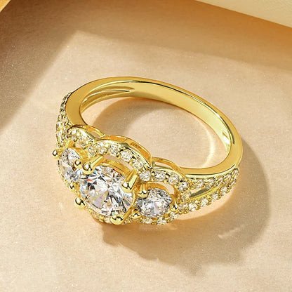 Rrjzz 14k Gold Plated Women's Rings Three Stone Halo Round Luxury CZ Simulated Diamond Engagement Ring for Woman Jewelry Gifts