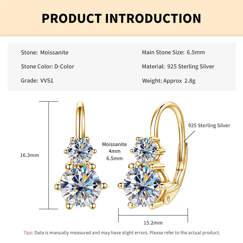 Rrjzz 925 Sterling Silver Six Claws Two Stone Hoop Earrings Light Luxury Round Moissanite Clip Earring for Women Fine Jewelry