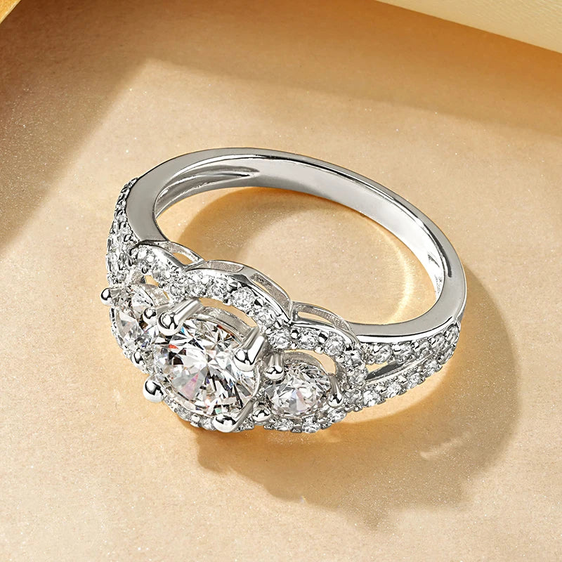 Rrjzz 14k Gold Plated Women's Rings Three Stone Halo Round Luxury CZ Simulated Diamond Engagement Ring for Woman Jewelry Gifts