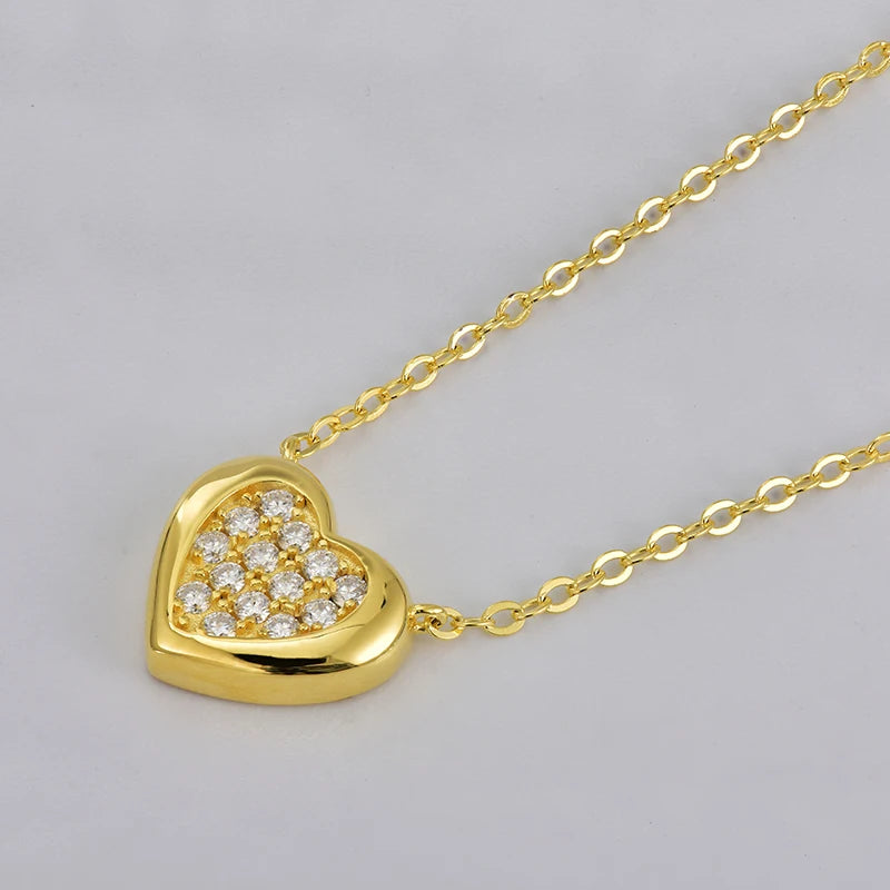 Rrjzz Full Moissanite Heart Shaped Pendant Necklace for Women with Certificate 14k Plated 925 Sterling Silver Chain Jewelry Gift