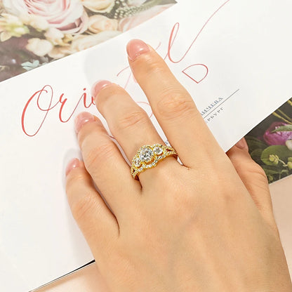Rrjzz 14k Gold Plated Women's Rings Three Stone Halo Round Luxury CZ Simulated Diamond Engagement Ring for Woman Jewelry Gifts