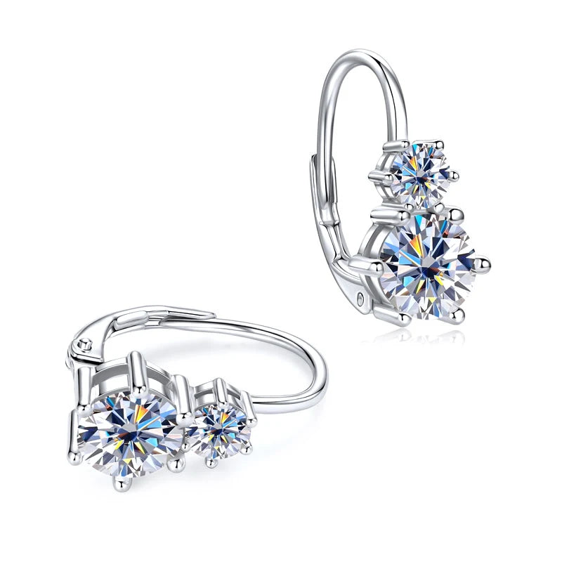 Rrjzz 925 Sterling Silver Six Claws Two Stone Hoop Earrings Light Luxury Round Moissanite Clip Earring for Women Fine Jewelry