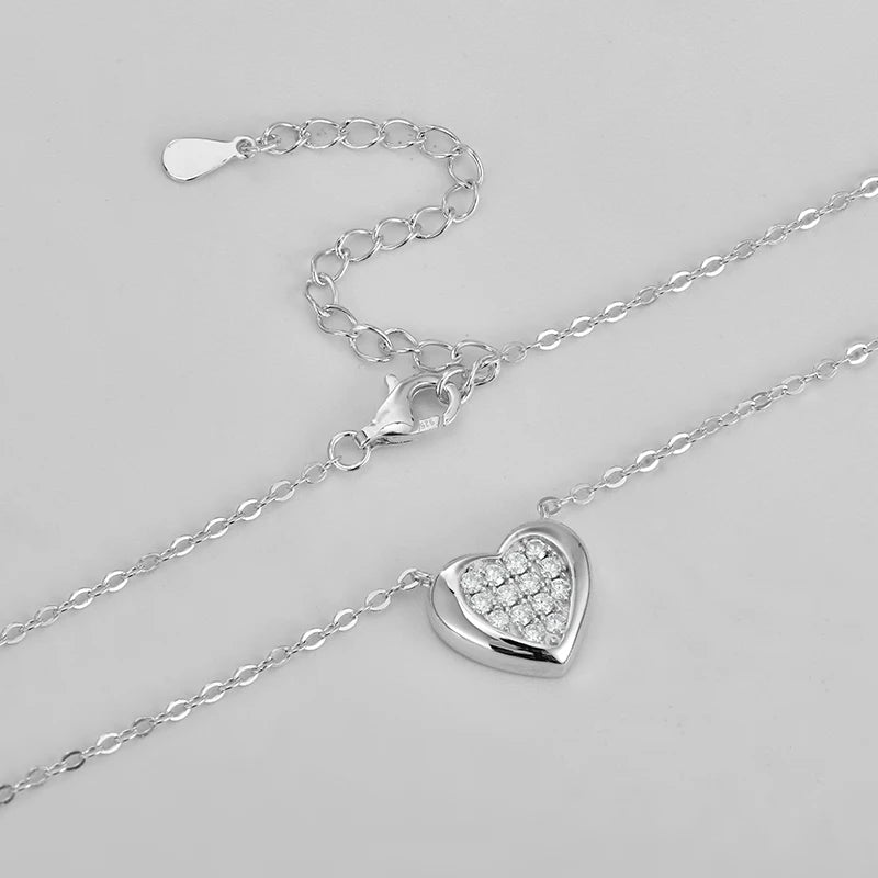 Rrjzz Full Moissanite Heart Shaped Pendant Necklace for Women with Certificate 14k Plated 925 Sterling Silver Chain Jewelry Gift