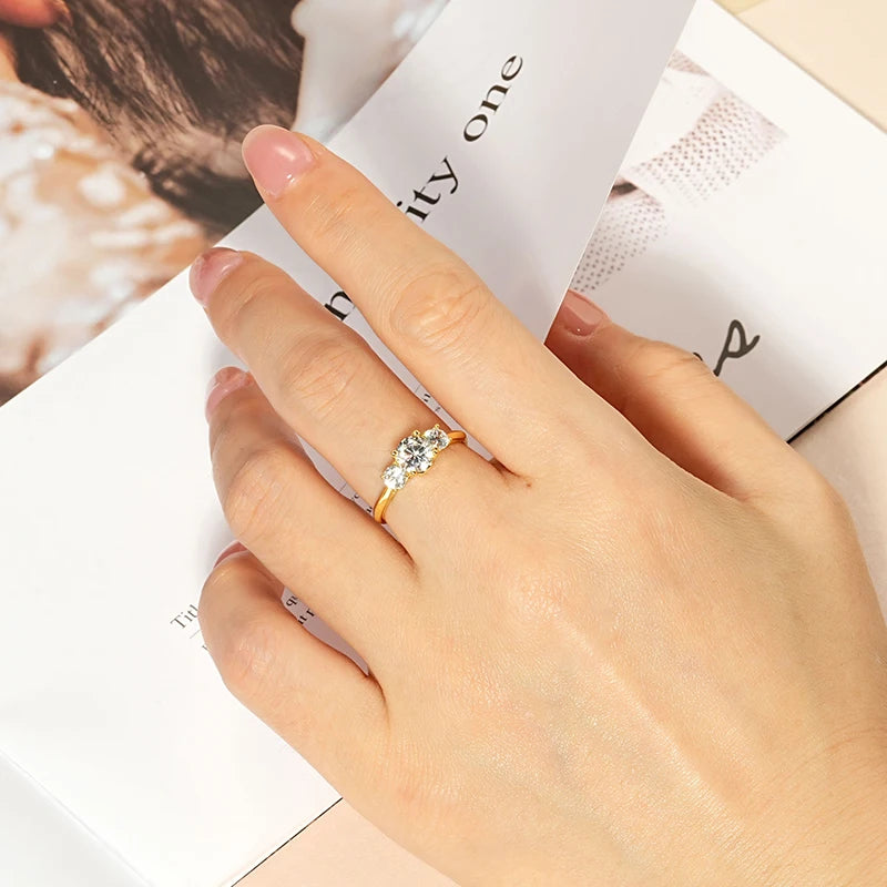 Rrjzz 14k Gold Plated Three Stone Engagement Ring Round Cut CZ Simulated Diamond Rings For Women Anniversary Fine Jewelry Gifts