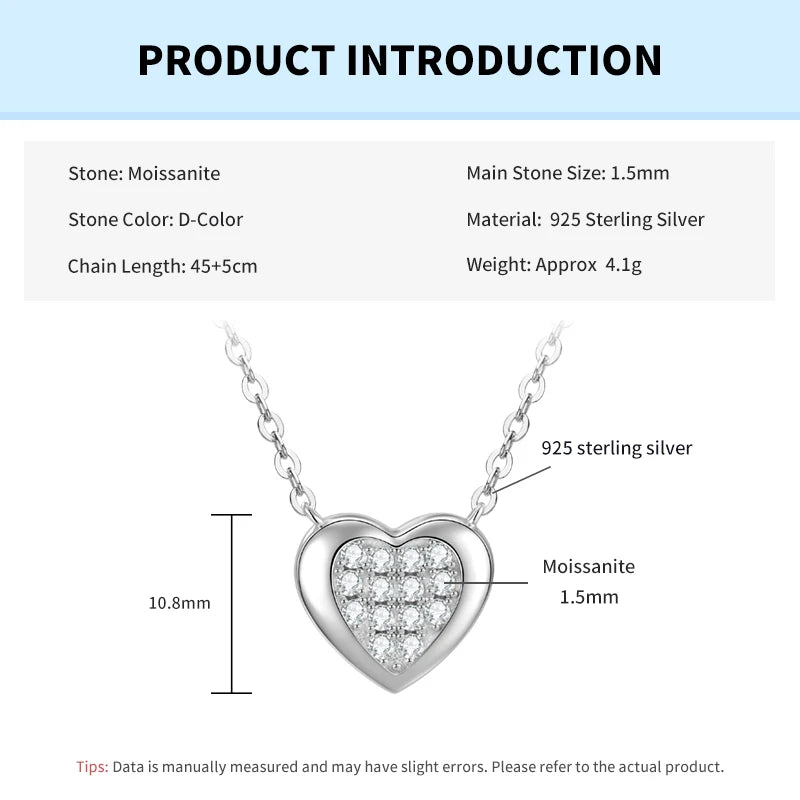 Rrjzz Full Moissanite Heart Shaped Pendant Necklace for Women with Certificate 14k Plated 925 Sterling Silver Chain Jewelry Gift