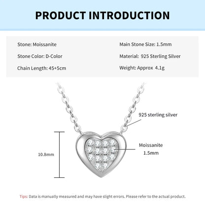 Rrjzz Full Moissanite Heart Shaped Pendant Necklace for Women with Certificate 14k Plated 925 Sterling Silver Chain Jewelry Gift