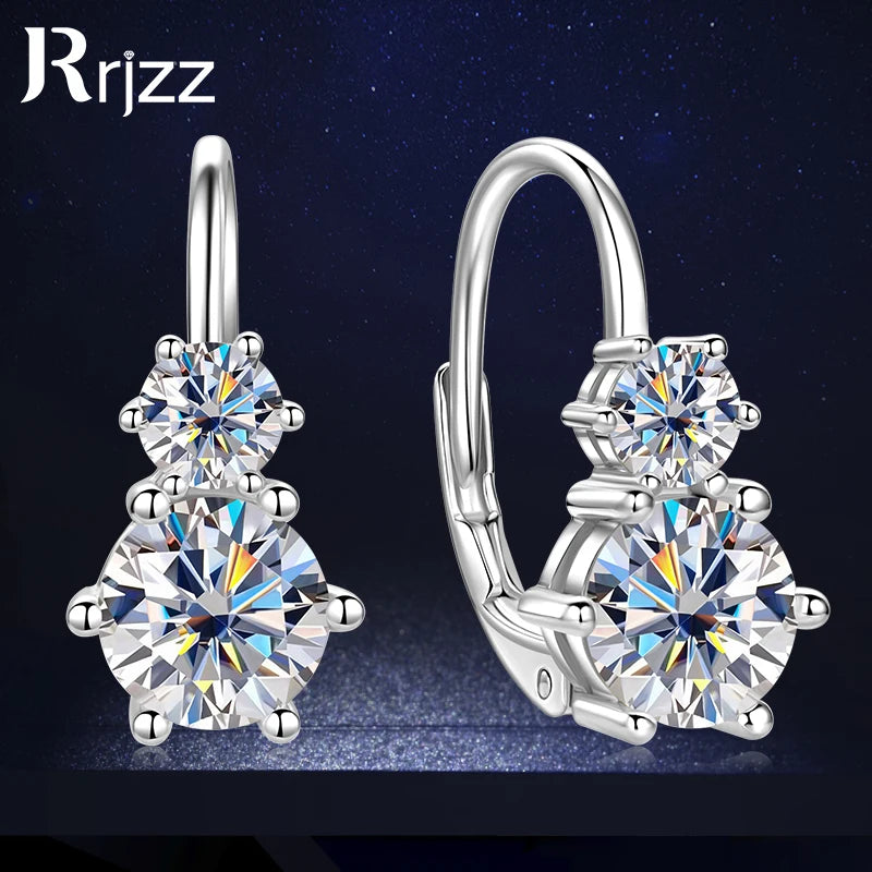 Rrjzz 925 Sterling Silver Six Claws Two Stone Hoop Earrings Light Luxury Round Moissanite Clip Earring for Women Fine Jewelry