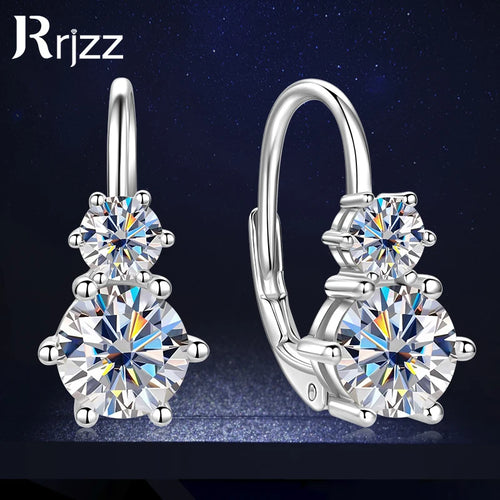 Rrjzz 925 Sterling Silver Six Claws Two Stone Hoop Earrings Light Luxury Round Moissanite Clip Earring for Women Fine Jewelry