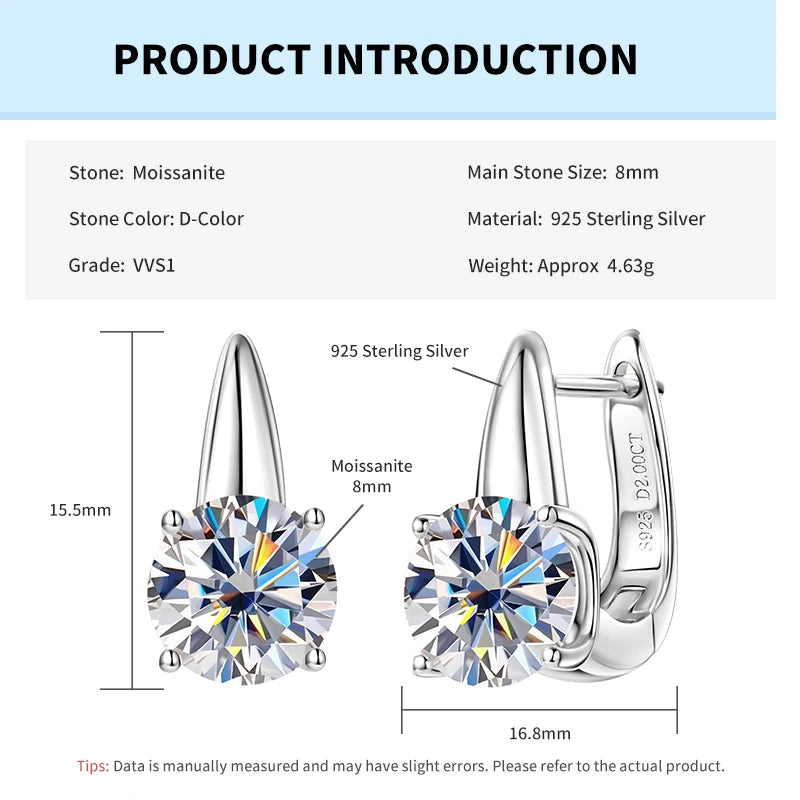 Rrjzz Fashion 8mm D-Color Moissanite Solitaire Engagement Earrings VVS1 925 Sterling Silver Exquisite Women Hoop Earring Jewelry
