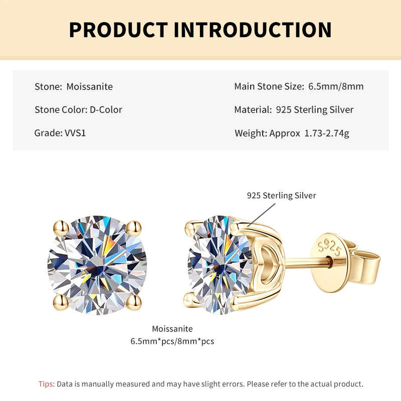 Rrjzz 1CT 2CT D VVS1 Moissanite Diamond Stud Ear for Women with Certificate Classic 100% 925 Pure Silver Party Earrings Jewelry