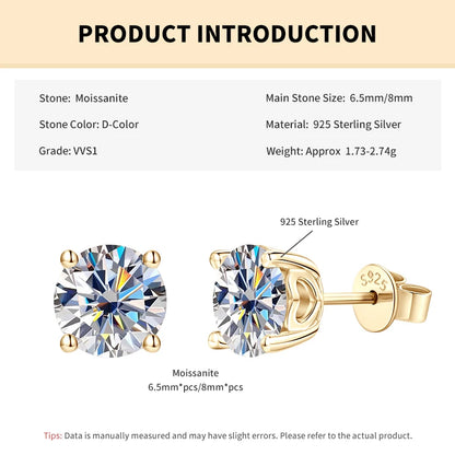Rrjzz 1CT 2CT D VVS1 Moissanite Diamond Stud Ear for Women with Certificate Classic 100% 925 Pure Silver Party Earrings Jewelry