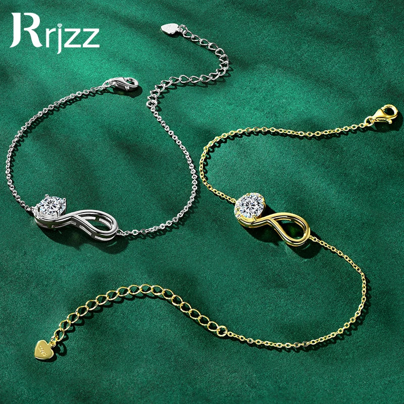Rrjzz 925 Sterling Silver Eternity Infinity Women Bracelets 6.5mm Round Moissanite Adjustable Bracelet for Women Jewelry Gift