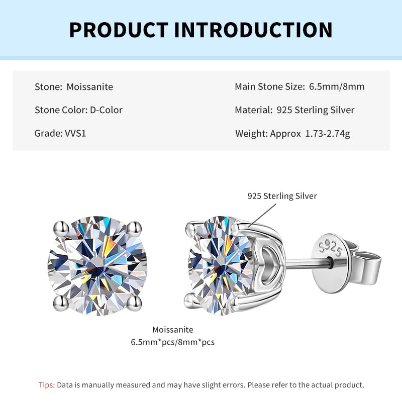 Rrjzz 1CT 2CT D VVS1 Moissanite Diamond Stud Ear for Women with Certificate Classic 100% 925 Pure Silver Party Earrings Jewelry