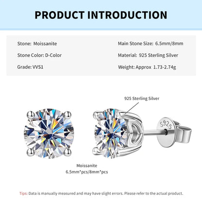 Rrjzz 1CT 2CT D VVS1 Moissanite Diamond Stud Ear for Women with Certificate Classic 100% 925 Pure Silver Party Earrings Jewelry